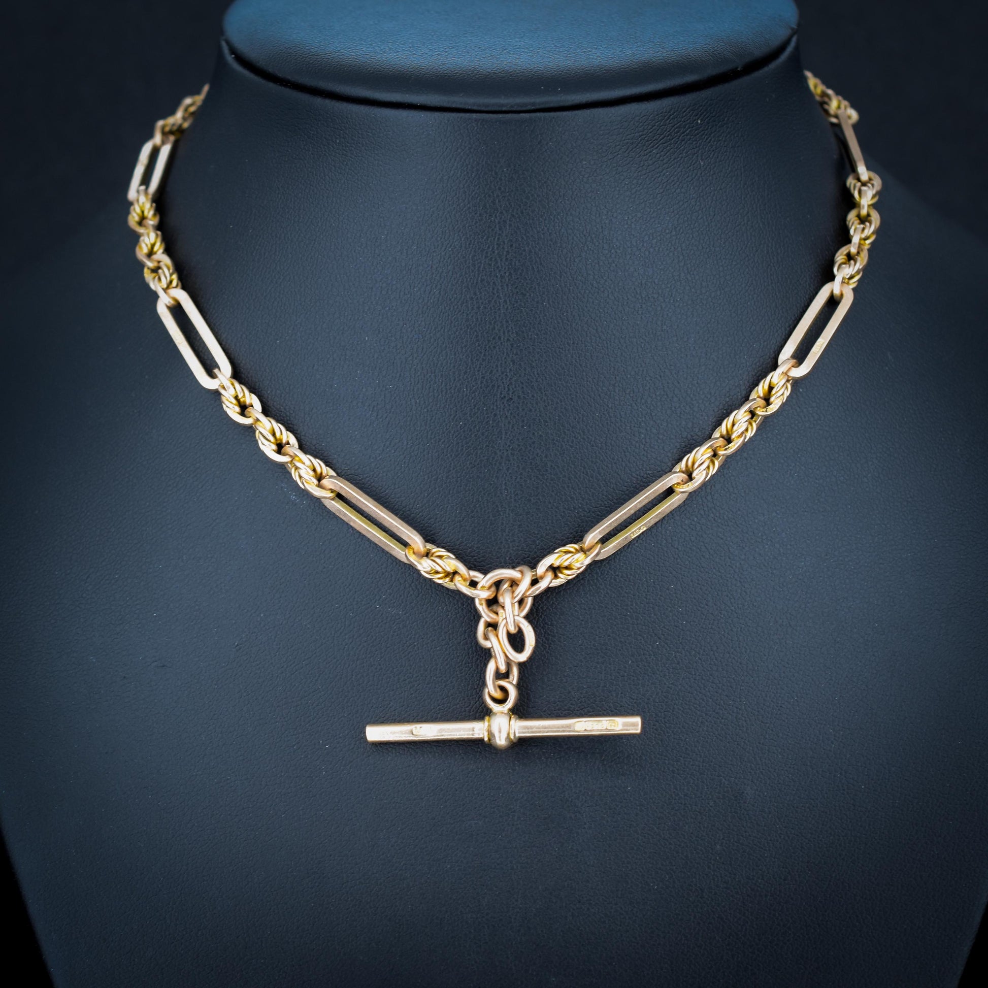 Antique '1918' 9ct Gold Trombone and Love Knot Link Albert Chain Necklace | 14.25"