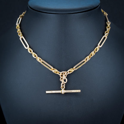 Antique '1918' 9ct Gold Trombone and Love Knot Link Albert Chain Necklace | 14.25"