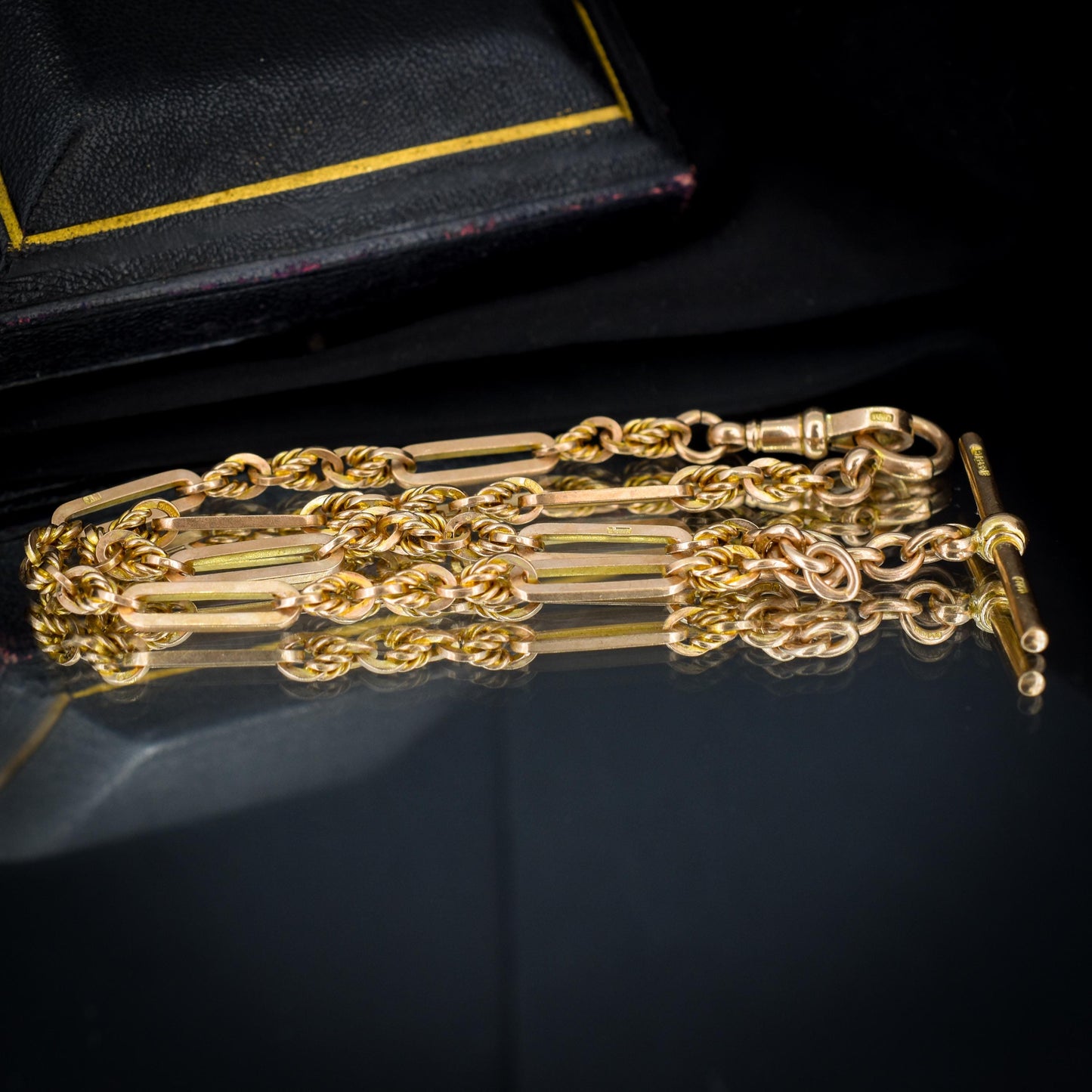 Antique '1918' 9ct Gold Trombone and Love Knot Link Albert Chain Necklace | 14.25"