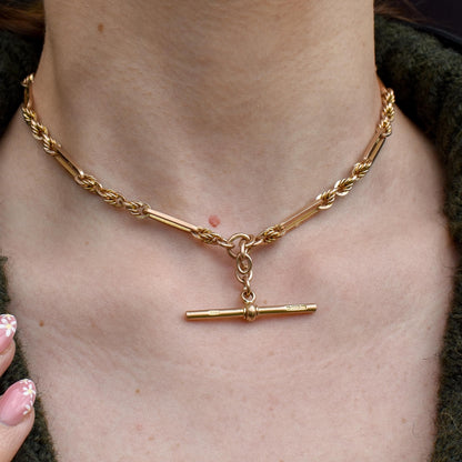 Antique '1918' 9ct Gold Trombone and Love Knot Link Albert Chain Necklace | 14.25"