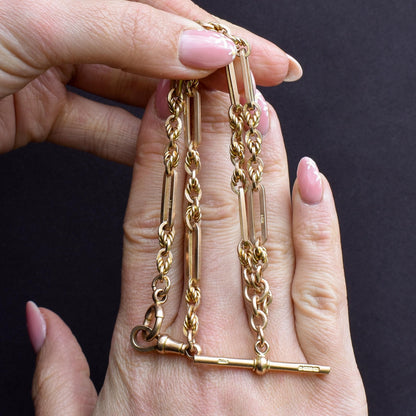 Antique '1918' 9ct Gold Trombone and Love Knot Link Albert Chain Necklace | 14.25"