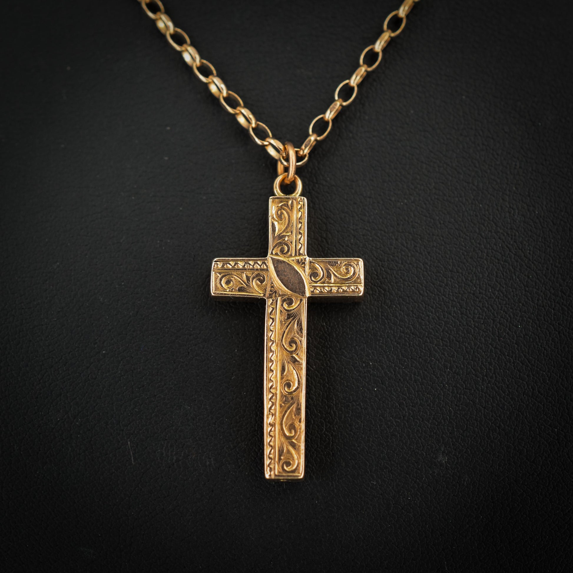 Antique 9ct Gold Engraved Cross Pendant Necklace | 20.5"