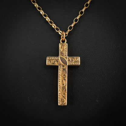 Antique 9ct Gold Engraved Cross Pendant Necklace | 20.5"