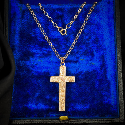 Antique 9ct Gold Engraved Cross Pendant Necklace | 20.5"