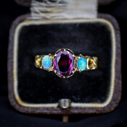 Antique Victorian Almandine Garnet and Opal 15ct Yellow Gold Scroll Ring