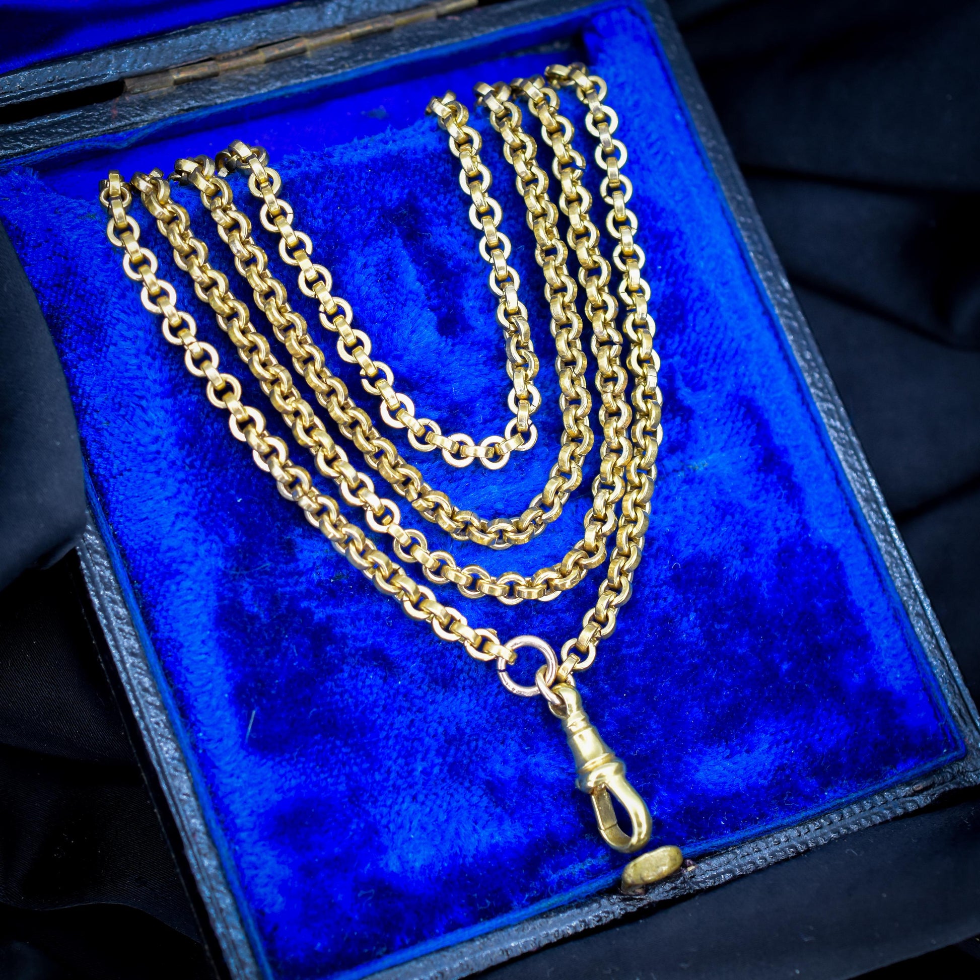 Antique Rolled Gold Rolo Link Guard Chain Necklace with Dog Clip | 52"