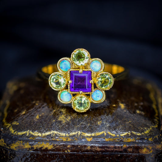 Amethyst Peridot and Opal 18ct Yellow Gold on Silver Cluster Ring