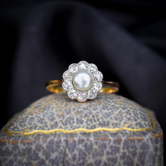 Antique Edwardian Diamond and Pearl Cluster 18ct Yellow Gold Ring