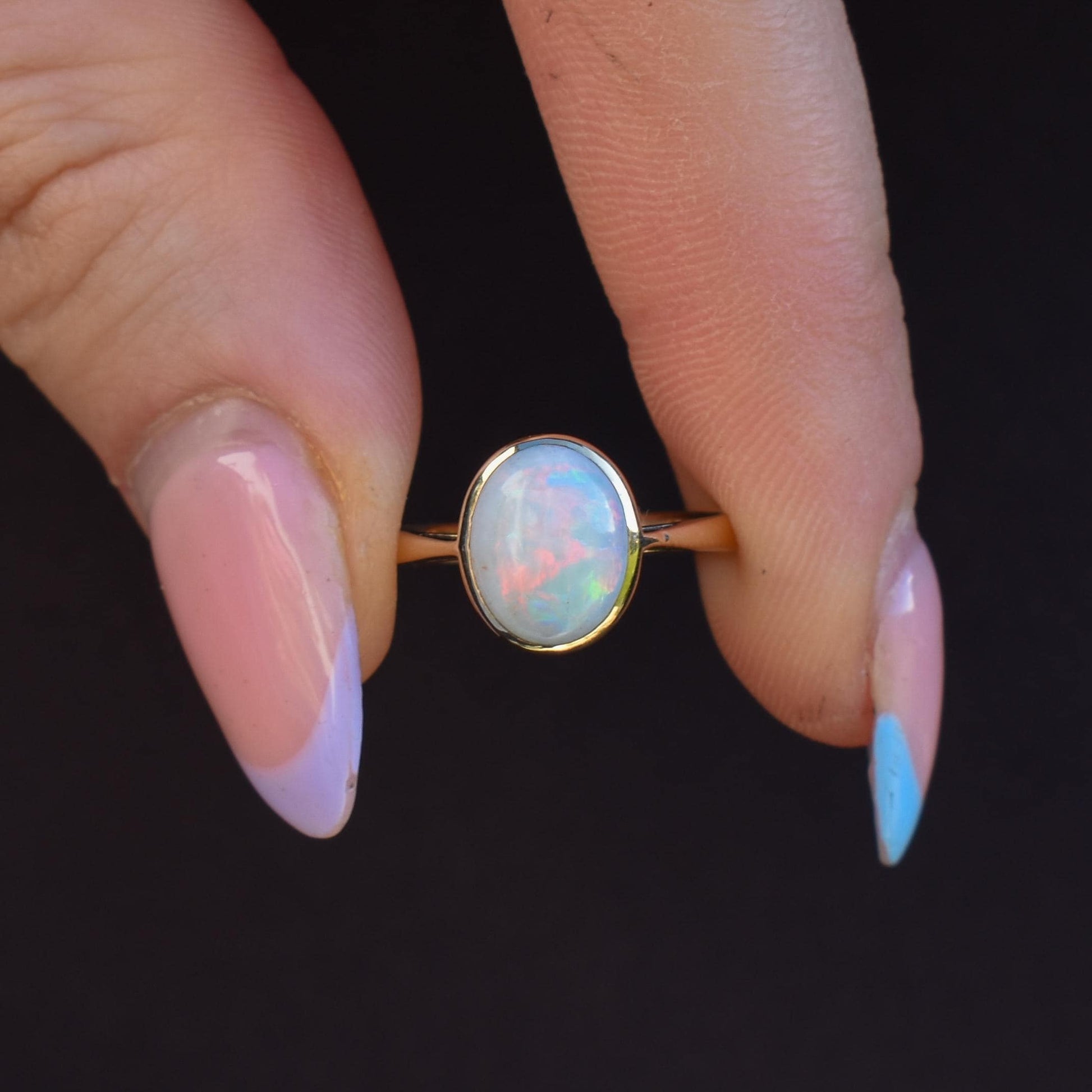 Antique Natural Opal Oval Solitaire 9ct Yellow Gold Ring