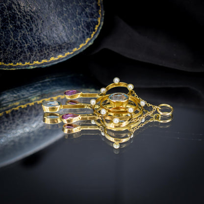 Antique Aquamarine and Tourmaline Lavalier 15ct Gold Pendant