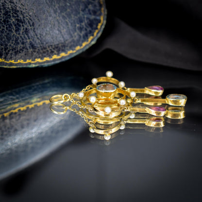 Antique Aquamarine and Tourmaline Lavalier 15ct Gold Pendant