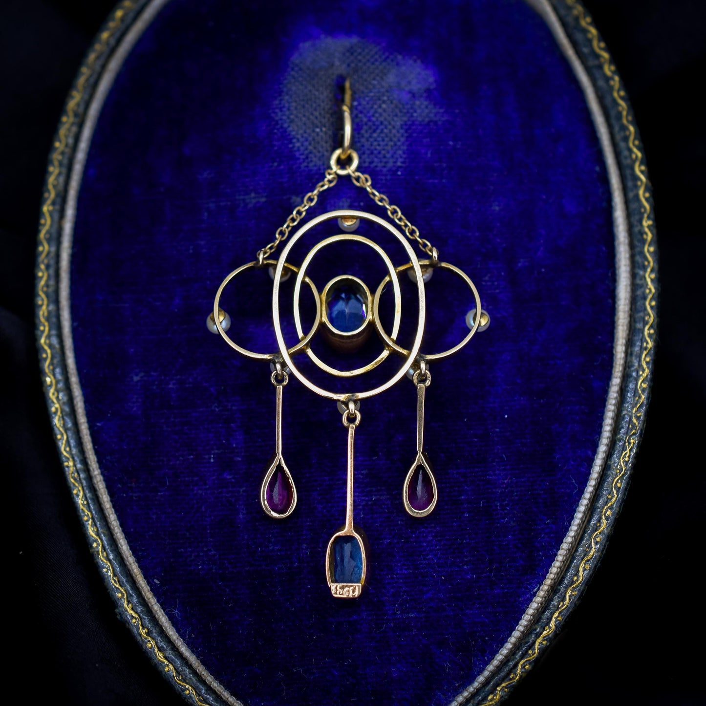 Antique Aquamarine and Tourmaline Lavalier 15ct Gold Pendant