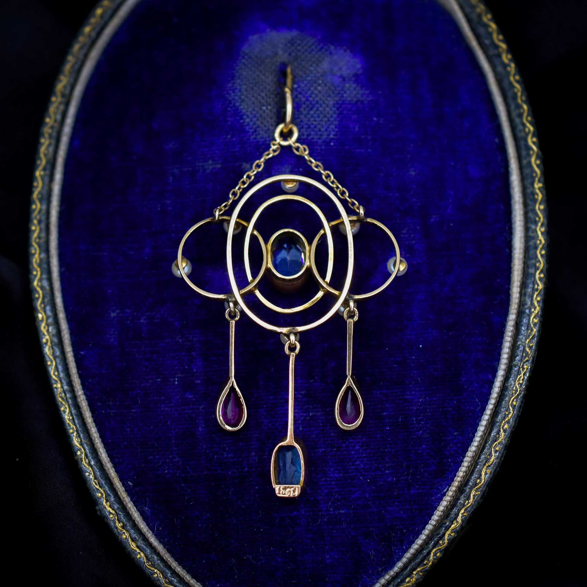 Antique Aquamarine and Tourmaline Lavalier 15ct Gold Pendant