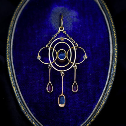 Antique Aquamarine and Tourmaline Lavalier 15ct Gold Pendant