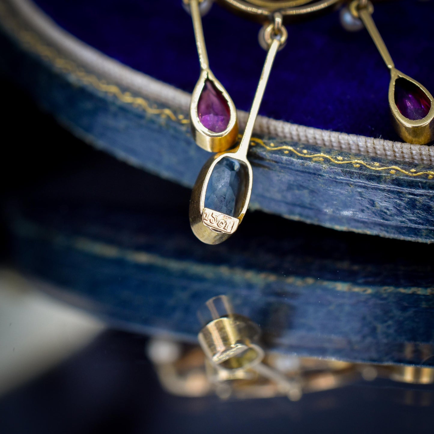 Antique Aquamarine and Tourmaline Lavalier 15ct Gold Pendant