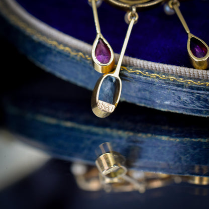 Antique Aquamarine and Tourmaline Lavalier 15ct Gold Pendant