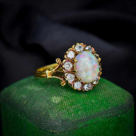 Vintage 2.27ct Natural Opal and Diamond Oval Halo Cluster 18ct Gold Ring