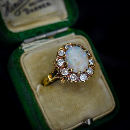 Vintage 2.27ct Natural Opal and Diamond Oval Halo Cluster 18ct Gold Ring