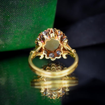 Vintage 2.27ct Natural Opal and Diamond Oval Halo Cluster 18ct Gold Ring