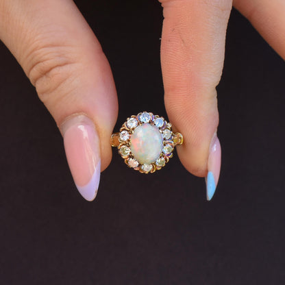 Vintage 2.27ct Natural Opal and Diamond Oval Halo Cluster 18ct Gold Ring