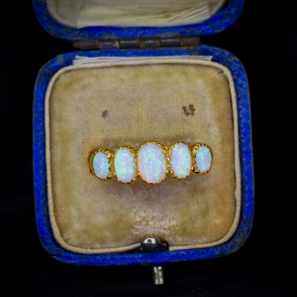 Opal Five Stone Yellow Gold on Silver Ring Band – Antique Style