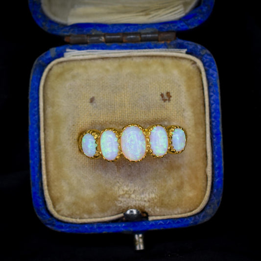 Opal Five Stone Yellow Gold on Silver Ring Band – Antique Style