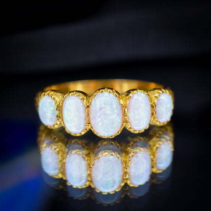 Opal Five Stone Yellow Gold on Silver Ring Band – Antique Style