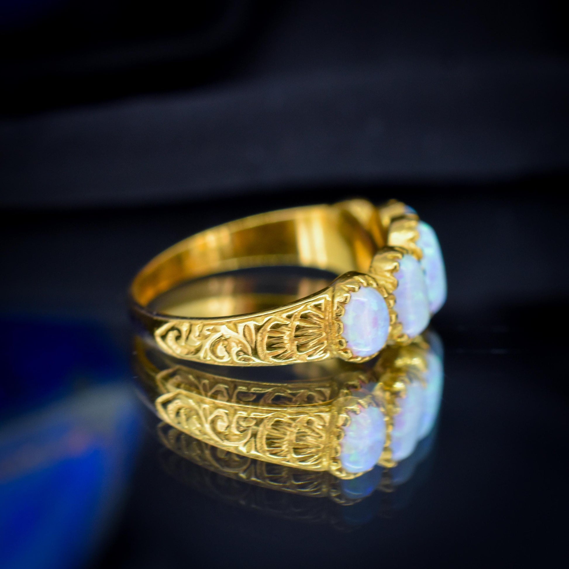 Opal Five Stone Yellow Gold on Silver Ring Band – Antique Style