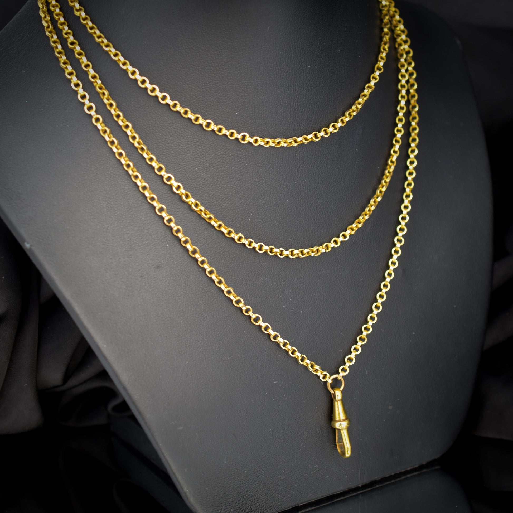 Antique Rolled Gold Rolo Link Guard Chain Necklace with Dog Clip | 54"