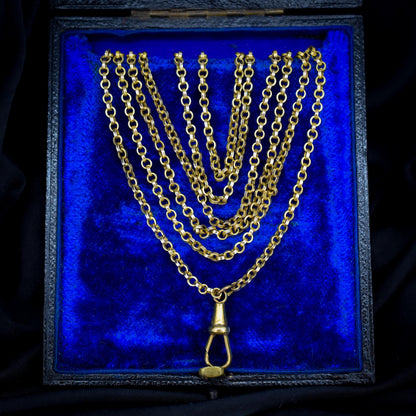 Antique Rolled Gold Rolo Link Guard Chain Necklace with Dog Clip | 54"