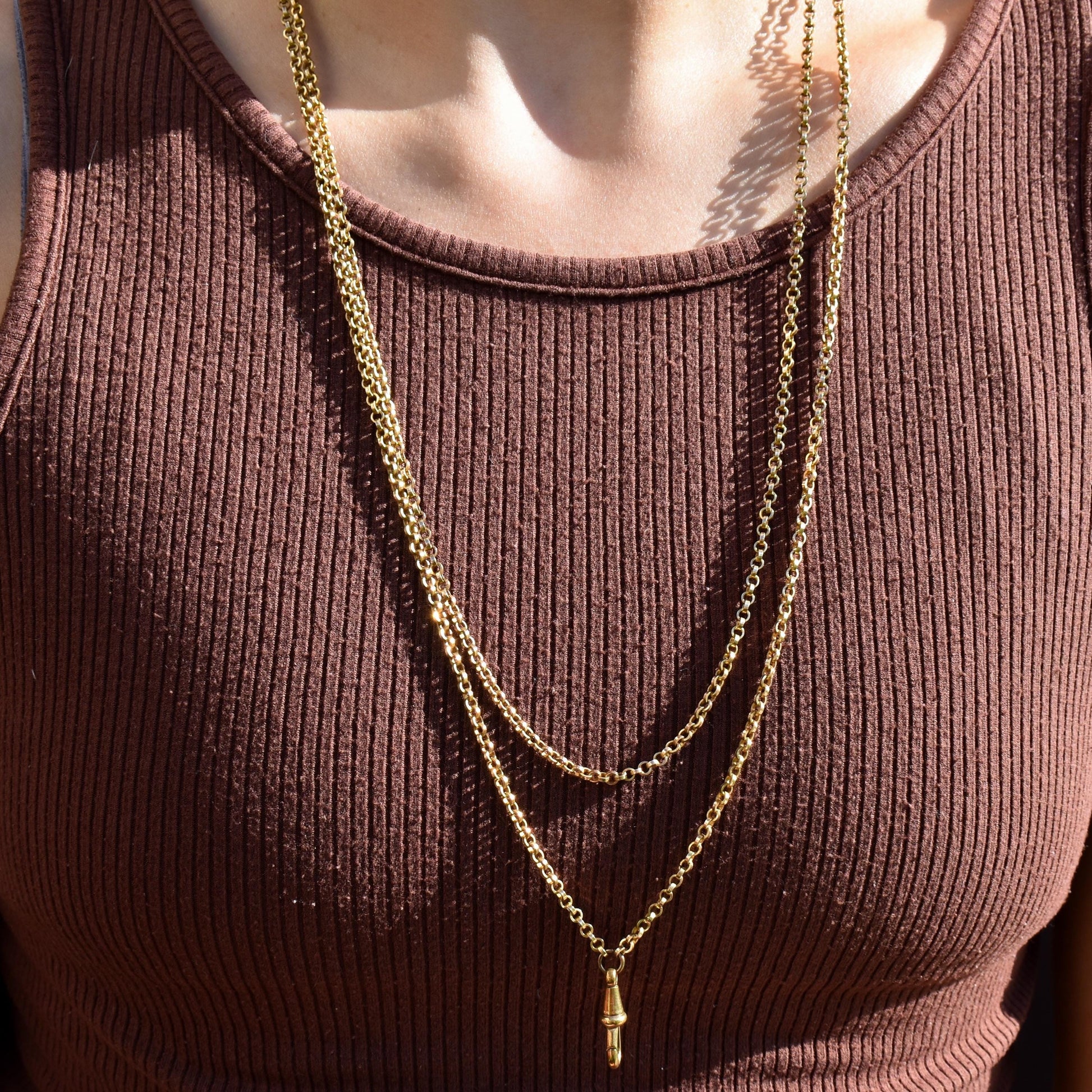 Antique Rolled Gold Rolo Link Guard Chain Necklace with Dog Clip | 54"