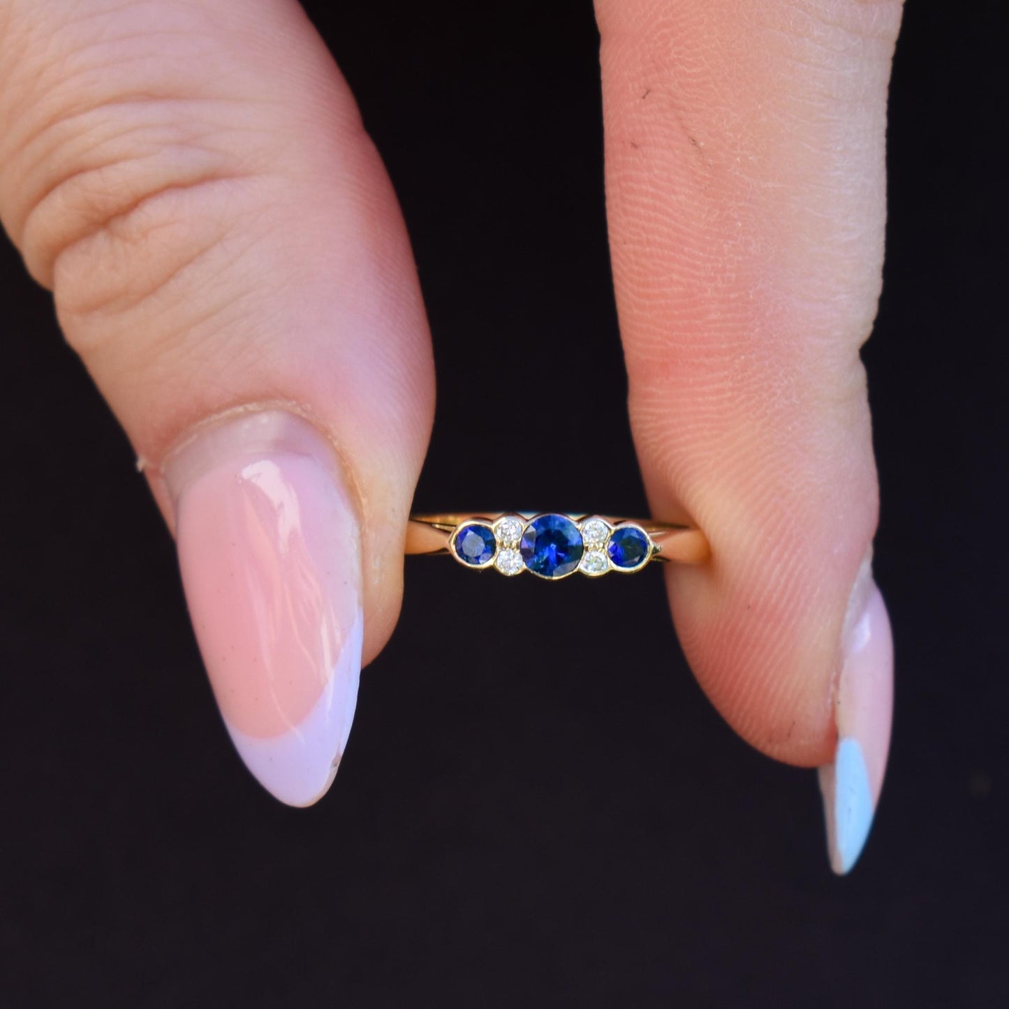 Vintage Blue Sapphire and Diamond Three Stone 18ct Gold Ring