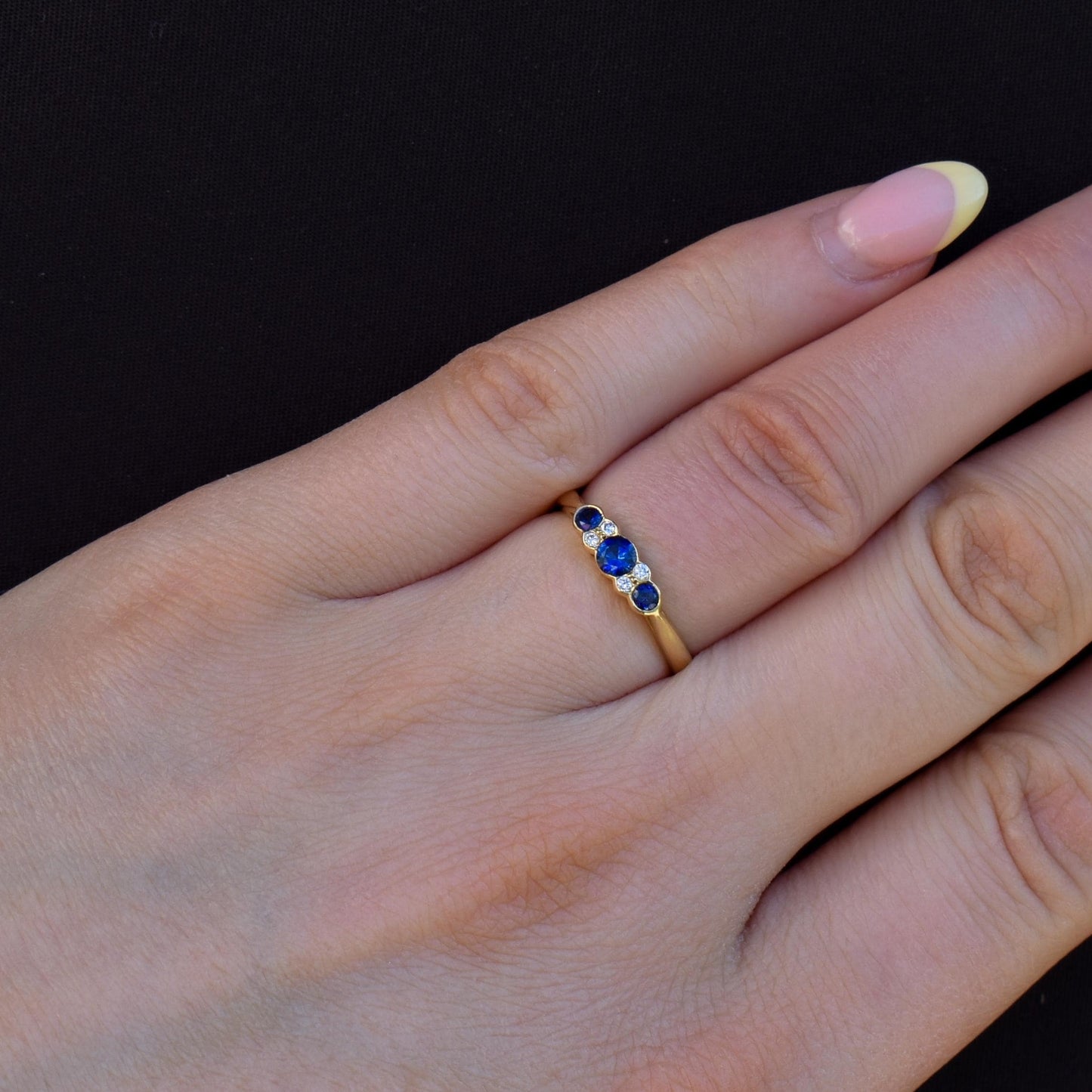 Vintage Blue Sapphire and Diamond Three Stone 18ct Gold Ring