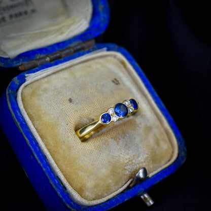 Vintage Blue Sapphire and Diamond Three Stone 18ct Gold Ring