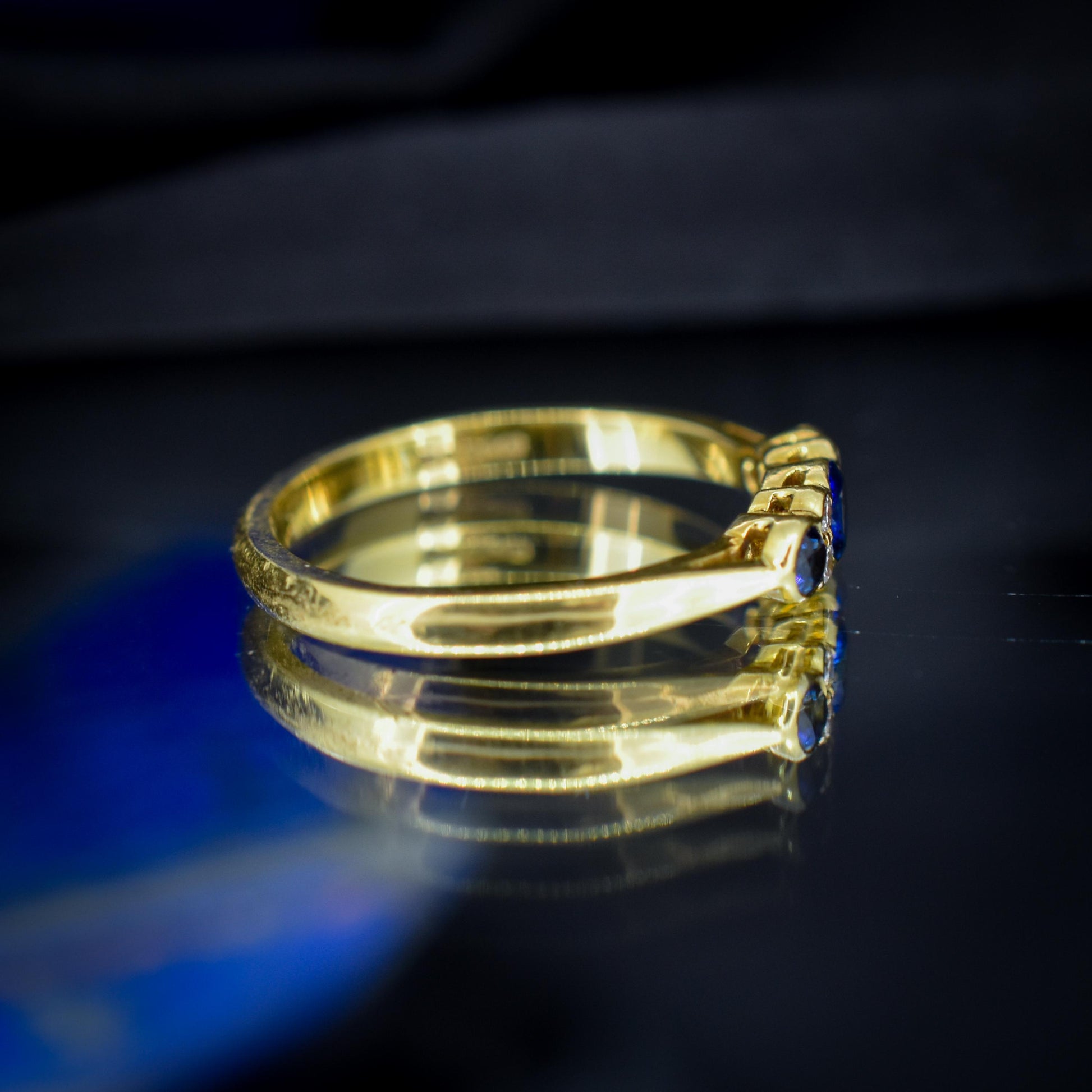 Vintage Blue Sapphire and Diamond Three Stone 18ct Gold Ring