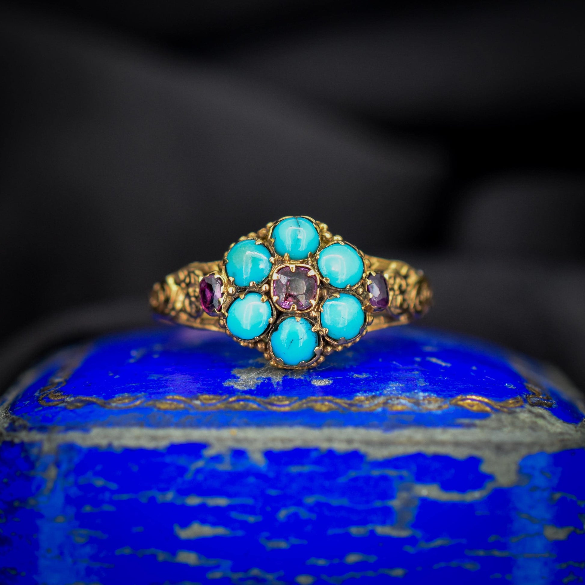 Antique Turquoise and Ruby 15ct Gold Cluster Ring