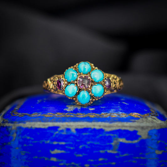 Antique Turquoise and Ruby 15ct Gold Cluster Ring