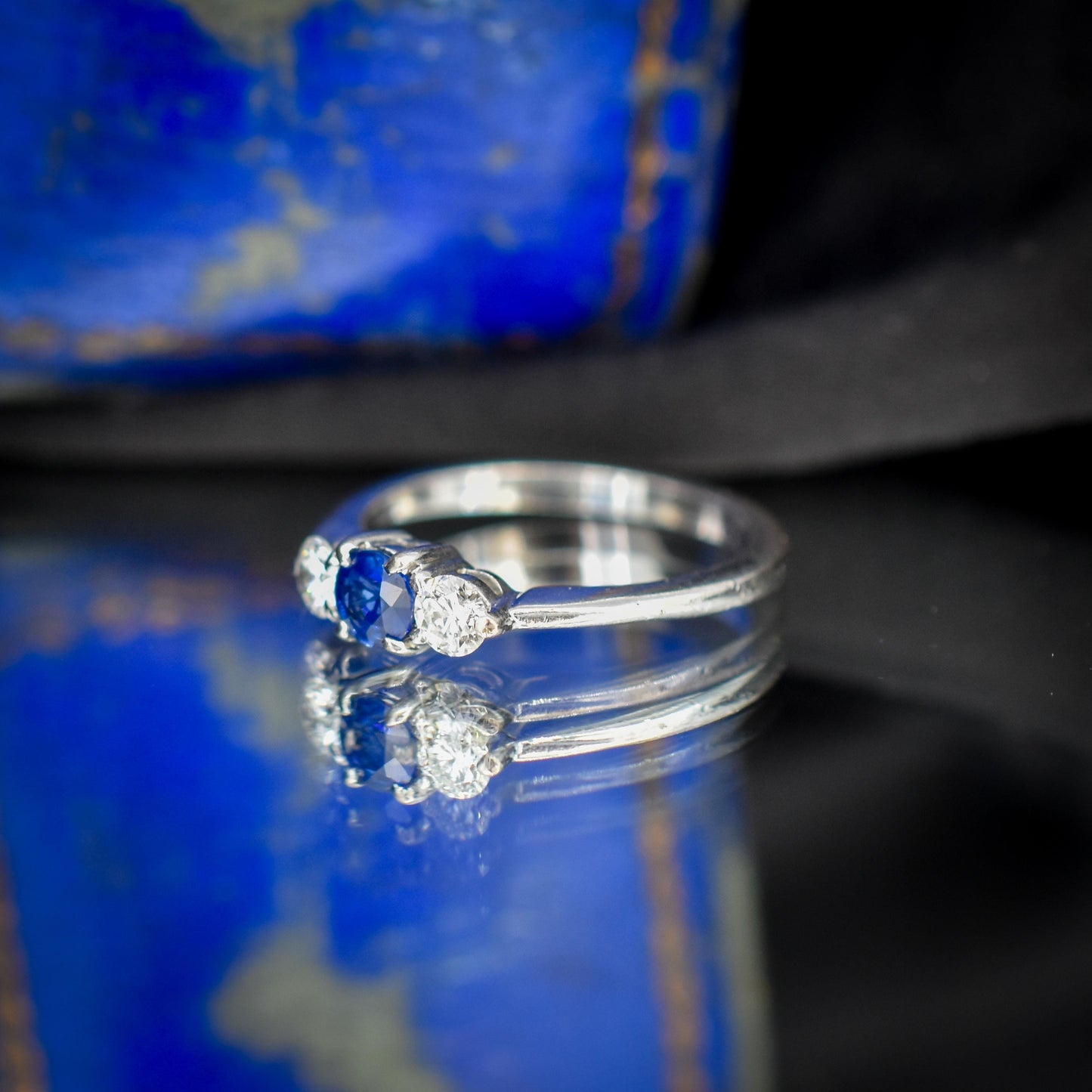 Vintage Three Stone Blue Sapphire and Diamond Trilogy 18ct White Gold Ring