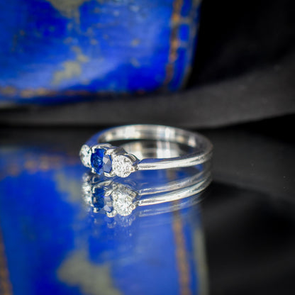 Vintage Three Stone Blue Sapphire and Diamond Trilogy 18ct White Gold Ring