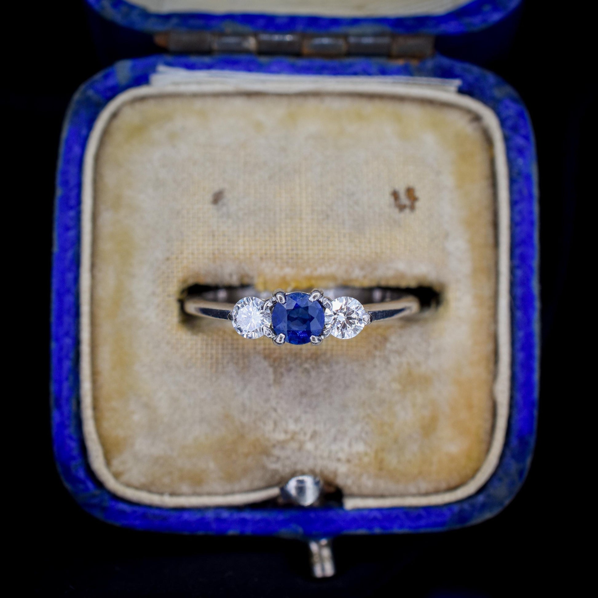 Vintage Three Stone Blue Sapphire and Diamond Trilogy 18ct White Gold Ring