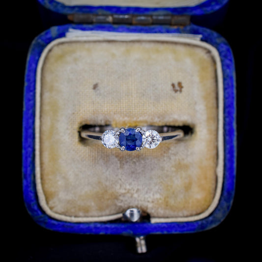 Vintage Three Stone Blue Sapphire and Diamond Trilogy 18ct White Gold Ring