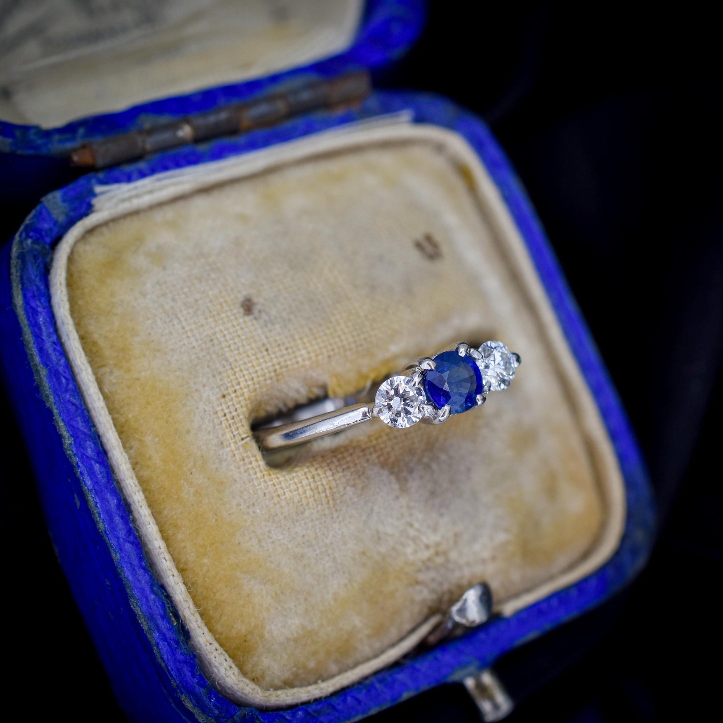 Vintage Three Stone Blue Sapphire and Diamond Trilogy 18ct White Gold Ring