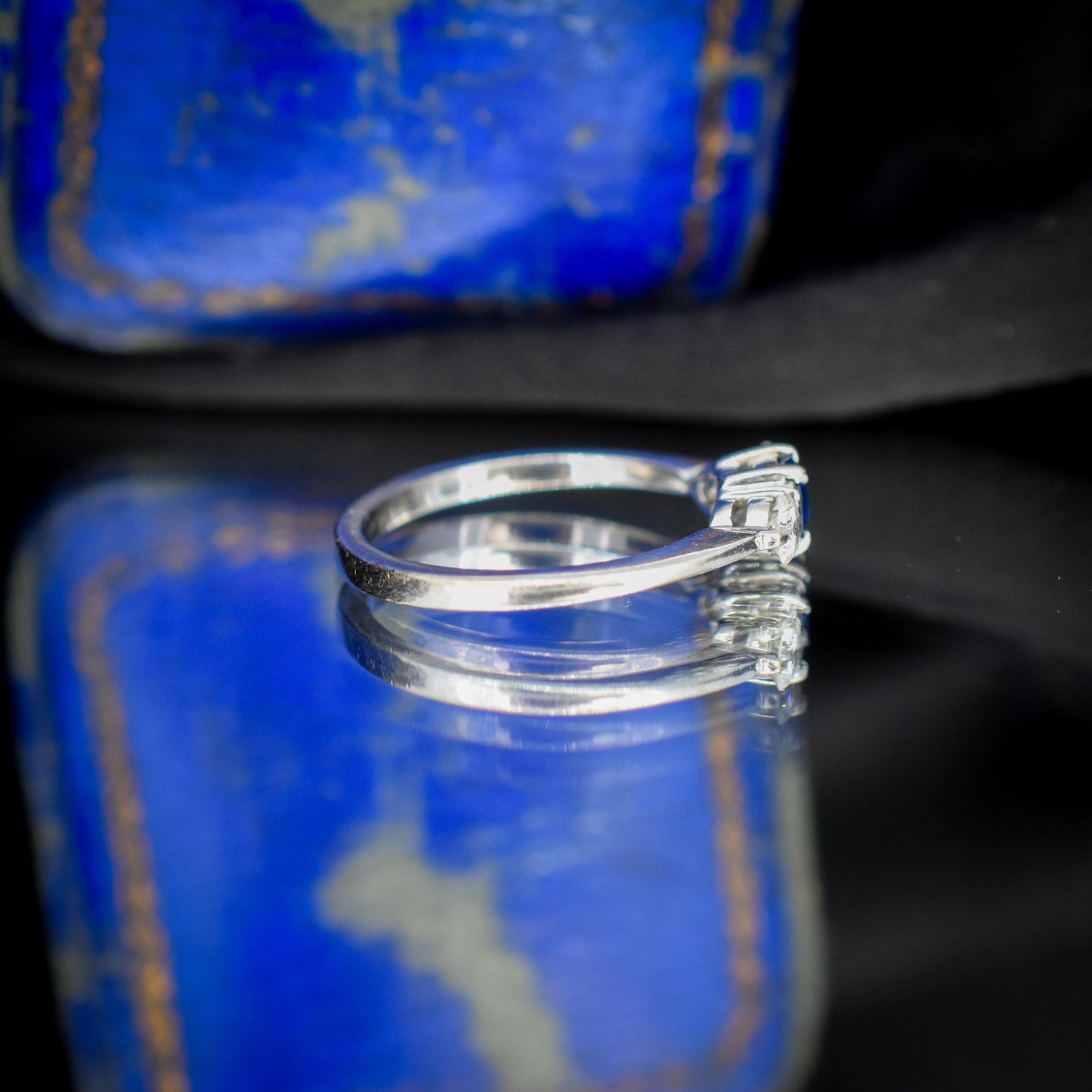 Vintage Three Stone Blue Sapphire and Diamond Trilogy 18ct White Gold Ring