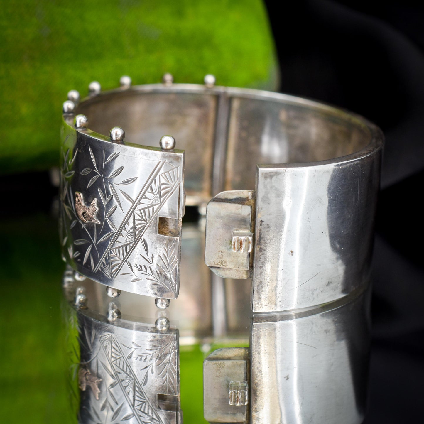 Antique Victorian Studded Silver and Gold Bird Bamboo Cuff Bangle Bracelet