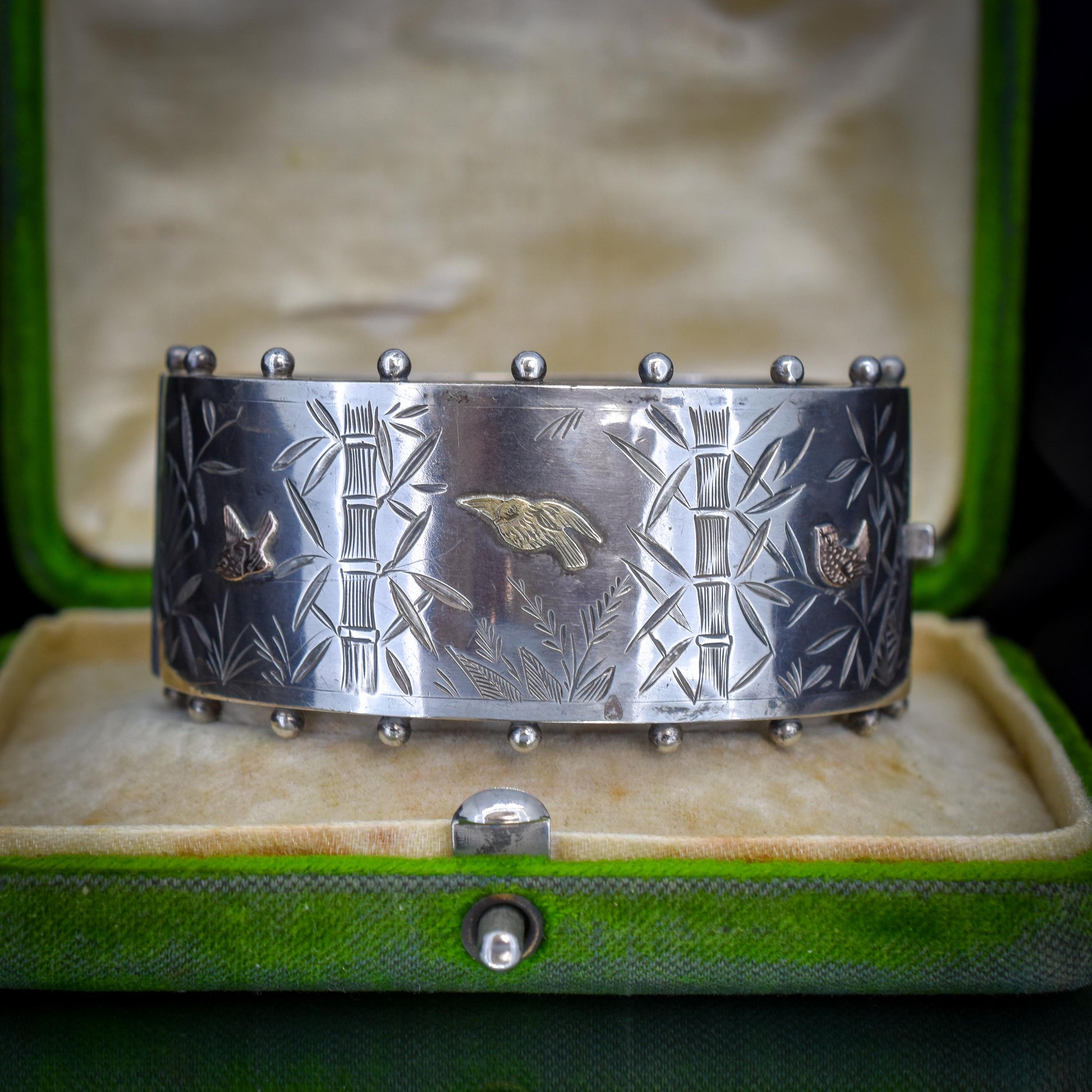 Antique Victorian Studded Silver and Gold Bird Bamboo Cuff Bangle Bracelet