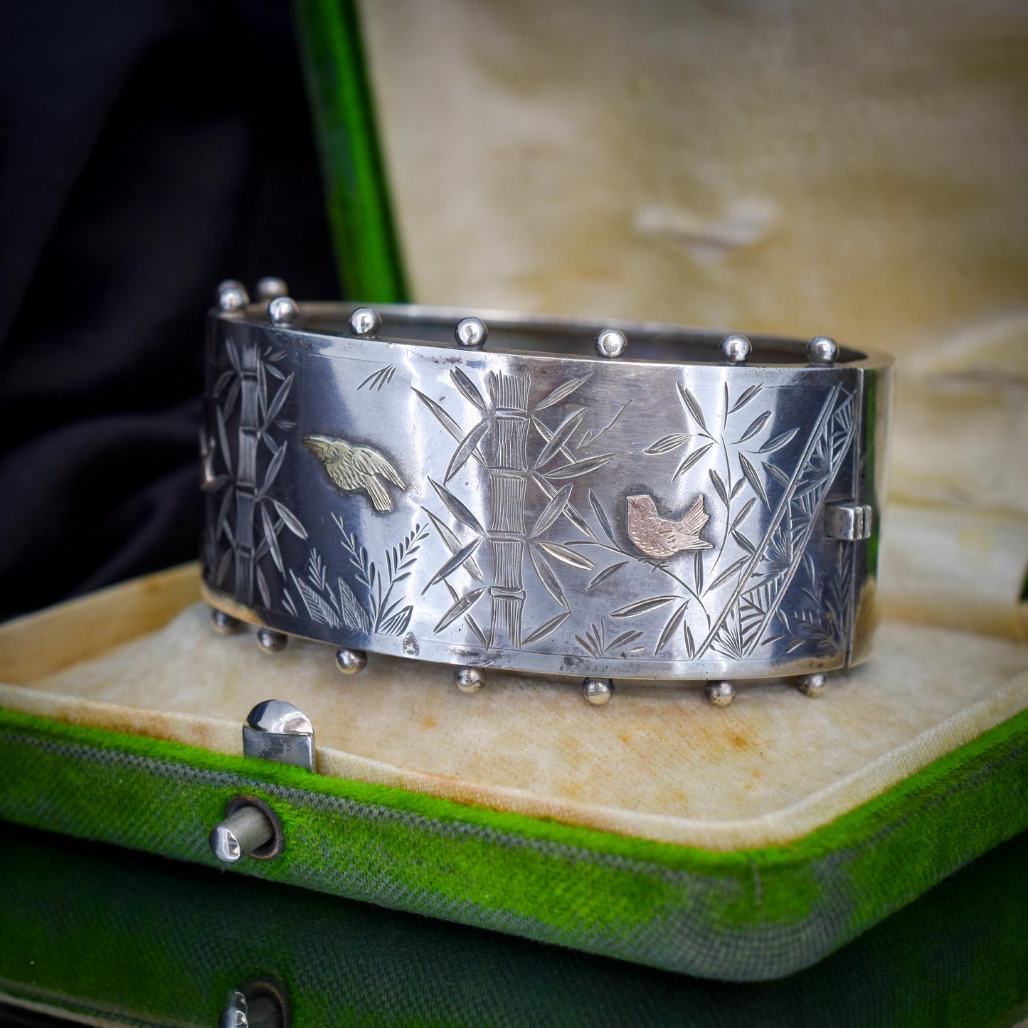 Antique Victorian Studded Silver and Gold Bird Bamboo Cuff Bangle Bracelet