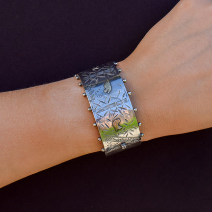 Antique Victorian Studded Silver and Gold Bird Bamboo Cuff Bangle Bracelet