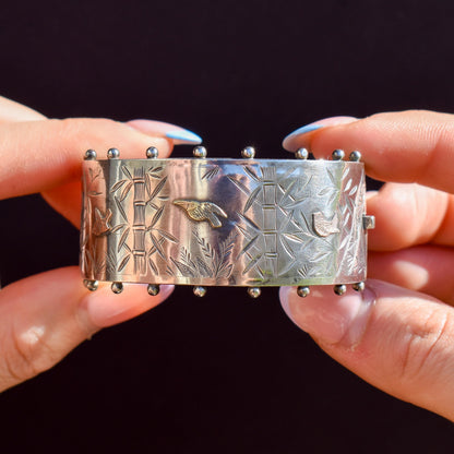 Antique Victorian Studded Silver and Gold Bird Bamboo Cuff Bangle Bracelet