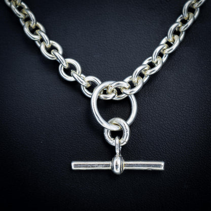 Vintage Sterling Silver Cable Link Watch Chain Necklace with T-Bar and Dog Clips – 19"