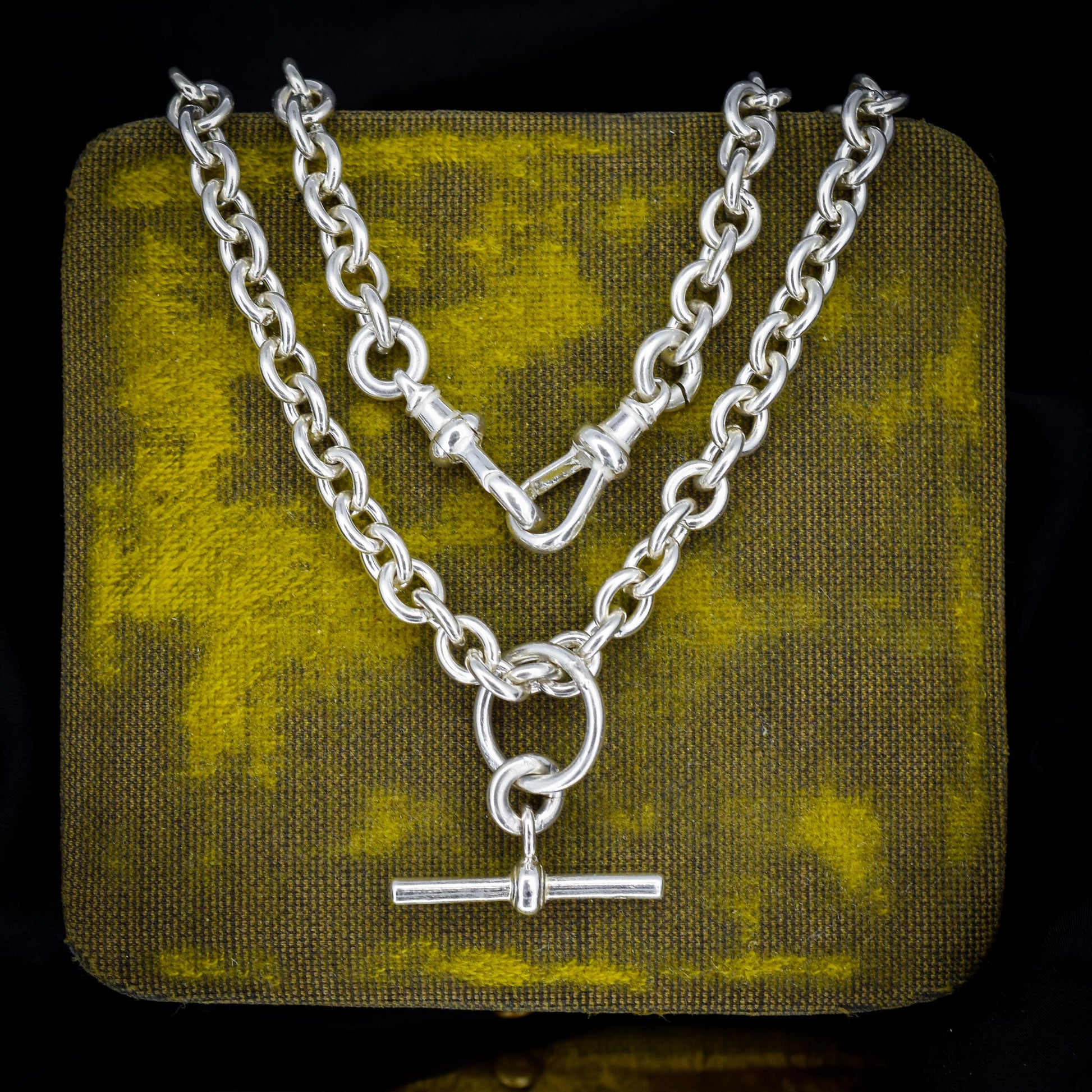 Vintage Sterling Silver Cable Link Watch Chain Necklace with T-Bar and Dog Clips – 19"